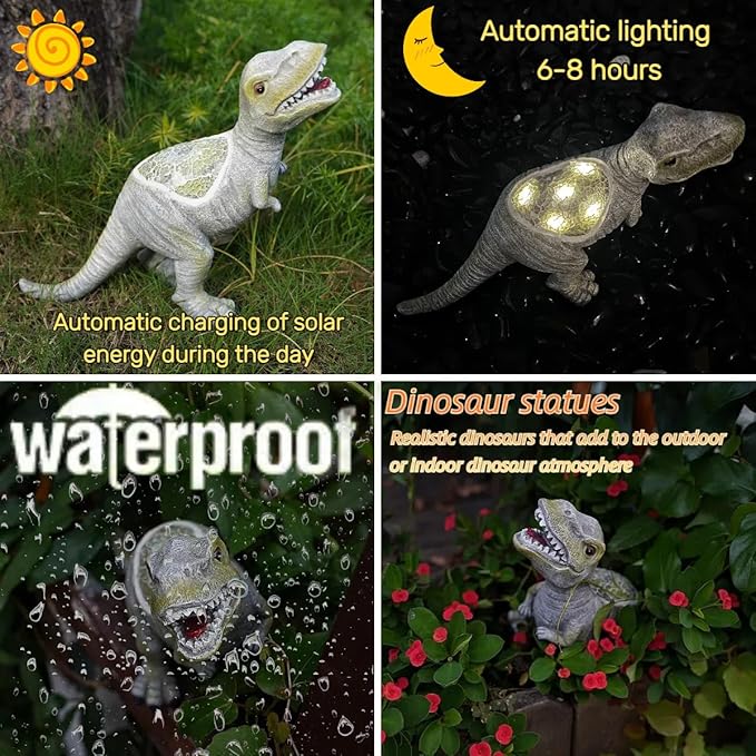 Solar Powered Lifelike Dinosaur Garden Statue Hand-Made Glass Craftsmanship Resin Outdoor Tyrannosaurus Figurine Light Decoration Home Decor Lawn Yard Patio Porch Ornament Gift
