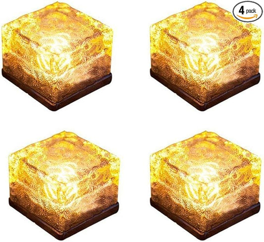Solar Glass Brick Light - Solar Ice Cube LED Light - Crystal Brick Stone Lamp Garden Courtyard Pathway Patio Pool, Decorative Christmas Festives Ice Rock Cube Lights (4PCS Warm White)