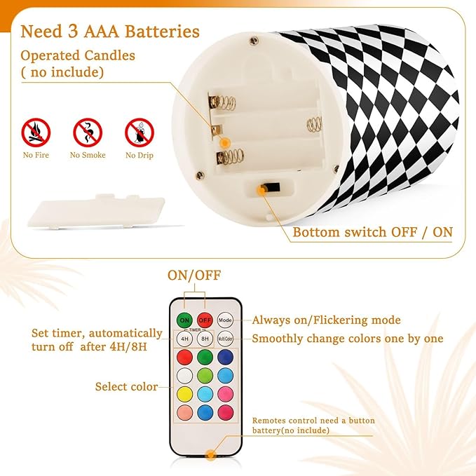 Flickering Flameless Candles, Black White Rhombuses Checkered LED Candles with Remote Timer, Set of 2 Battery Operated Candle for Valentine Wedding Birthday