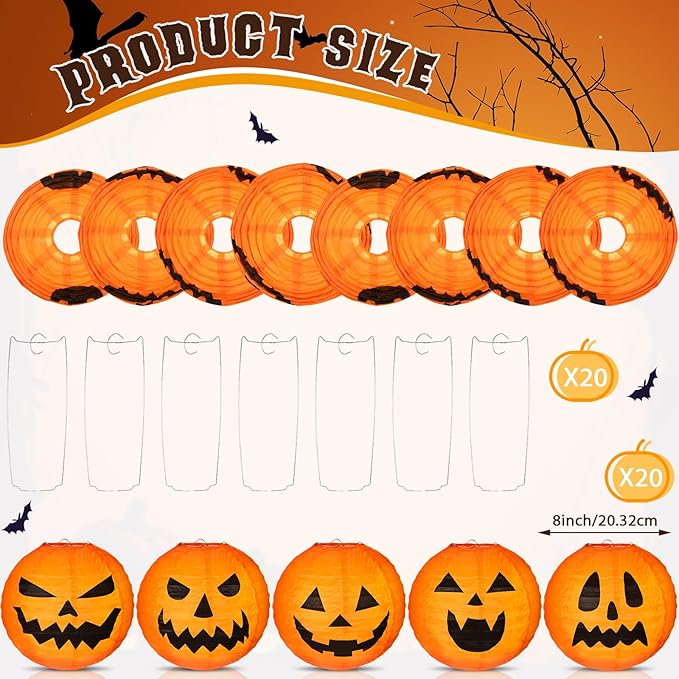 Retisee 20 Pcs 8 Inch Halloween Pumpkin Paper Lantern Halloween Jack O Lantern Paper Lantern Orange Pumpkin Lantern for Halloween Party Halloween Pumpkin Hanging Paper Lantern for Indoor Outdoor Decor