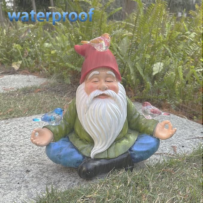 Solar Powered Gnome with Red Hat and 3 Birds Decorated Solar Light, Garden Decorations Statues, Garden Light Decor for Lawn Ornaments, Resin Garden Figurines (Gnome with 3 Birds)