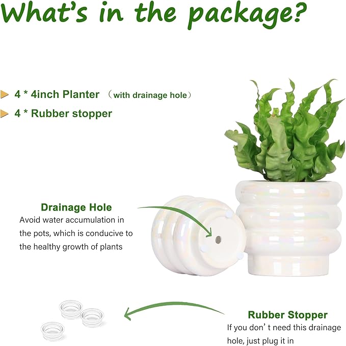 4.1 inch 4 pcs Ceramic Plant Pots for Indoor Plants, Rainbow Pearl Glaze Planter with Planters for Plants with Drainage Hole, Orchid Pots, Succulent Pot, Small Flower Pot (White)