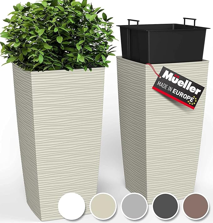 Mueller M-Resin Heavy Duty Tall Planter, Indoor/Outdoor Grande Plant, Tree, Flower Pot, 2-Piece Set, 27.5”, Modern Design, Built-in Drainage, Beige