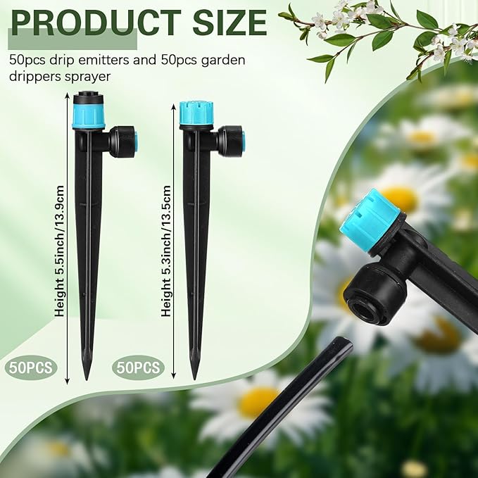 100 Pcs Drip Irrigation Emitters for 1/4" Tubing 50 Micro Irrigation Emitters Sprayer 50 Adjustable 360 Degree Water Flow Drippers for Garden Irrigation System(Blue, Fast Connect)
