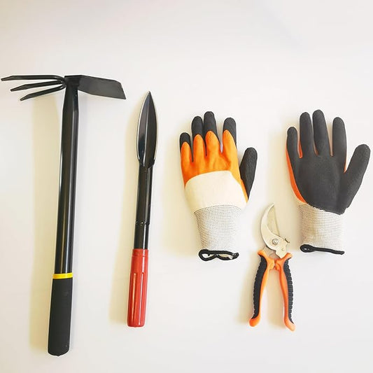 4PCS Garden Tools Set with 2-in-1 Tool Hoe/Cultivator Dual Head; Willow Leaf-Shaped Seeding Widger Gardening Trowel; Protective Gloves and Pruning Shear