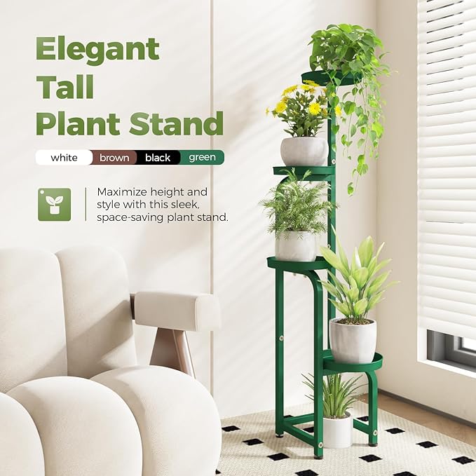 Bamworld Corner Plant Stand Indoor Outdoor, Tall Metal Flower Pot Stands for Multiple Plants, 4 Tier Green Heavy Duty Plant Shelf for Patio Garden Balcony Living Room Bedroom(Patent Design)
