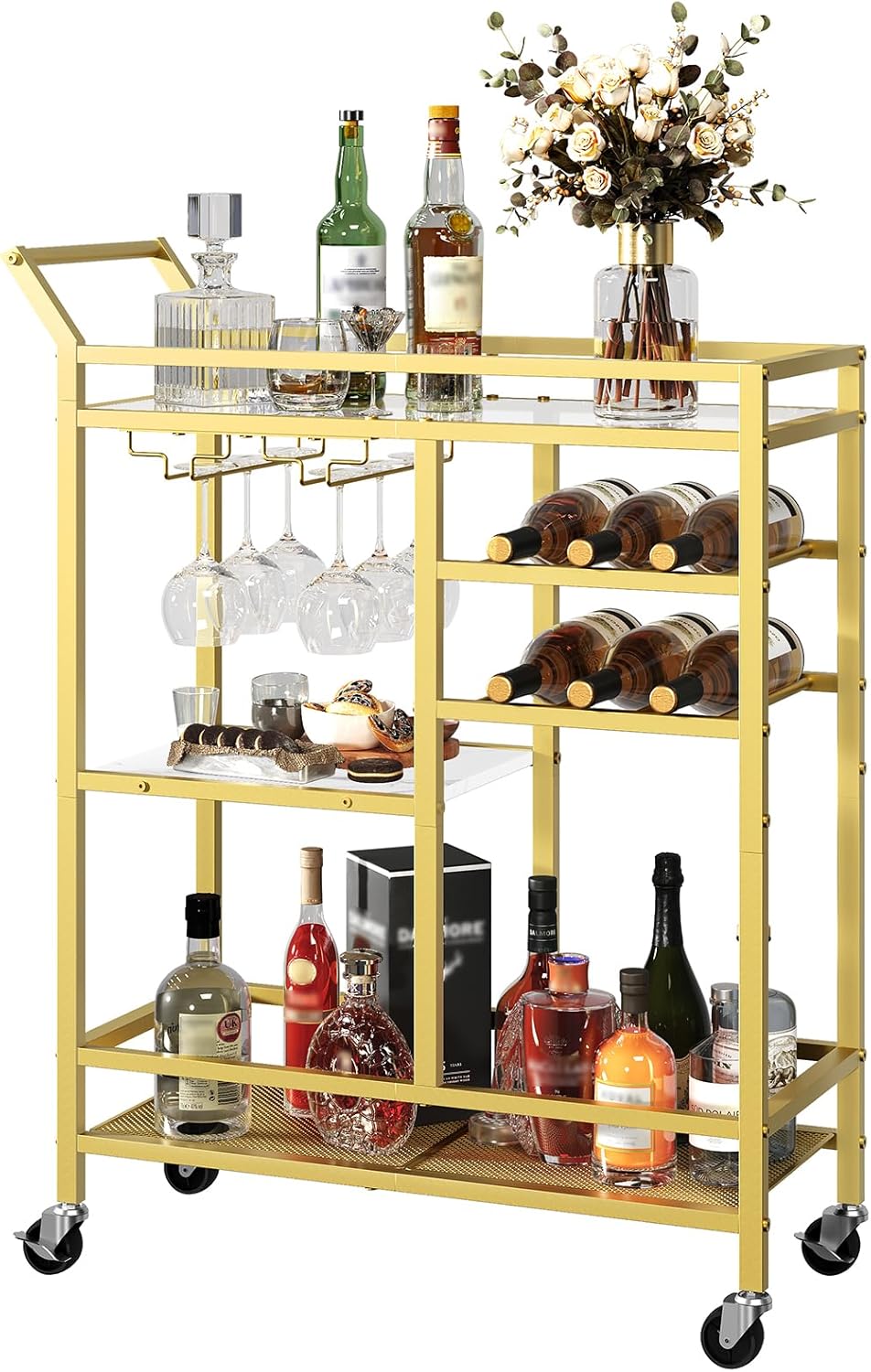 Bar Cart for Home, 3-Tier Serving Cart with Glass Top, Beverage Cart with Wine Rack and Glass Holder, Drink Cart with Wheels, for Dining Room, Living Room, Gold and White RCJM71B01