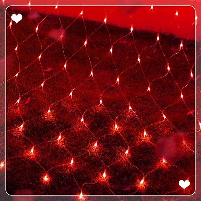 WATERGLIDE Outdoor Christmas Net Lights, 12FT x 5FT 360 LED Mesh String Light with 8 Lighting Mode, Connectable Waterproof Lights for Garden Tree Bushes, Valentines Wedding Party Decorations, Red