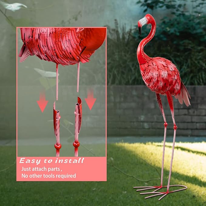 XONOR Metal Flamingo Garden Statues Large Red Flamingo Yard Art Outdoor Sculptures for Home Patio Lawn Backyard Décor, Set of 3
