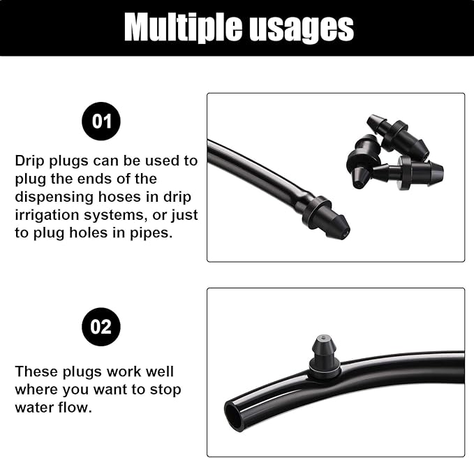 Honoson Drip Irrigation Plugs 1/4 Inch Tube Closure Goof Hole Plugs Irrigation Stopper for Home Garden Lawn Supplies, Black(300 Pieces)