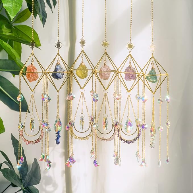 Suncatcher Amethyst Crystal Boho Decor, Spiritual, Purple Gemstone Sun Catcher Hanging for Windows, Rainbow Maker, Crystal Boho Hanging, Natural Stone (Amethsyt)