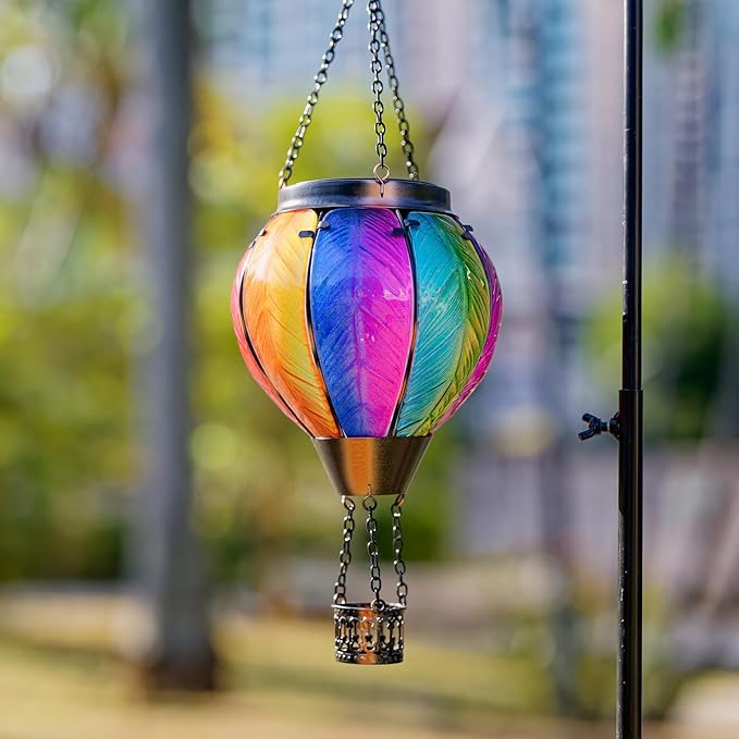 Solar Hot Air Balloon Lantern with Flame Outdoor Lights, Solar Lantern Gardening Gifts for Mom Grandmom, Hanging Hot Air Balloon Lights Outdoor Waterproof Decor for Patio