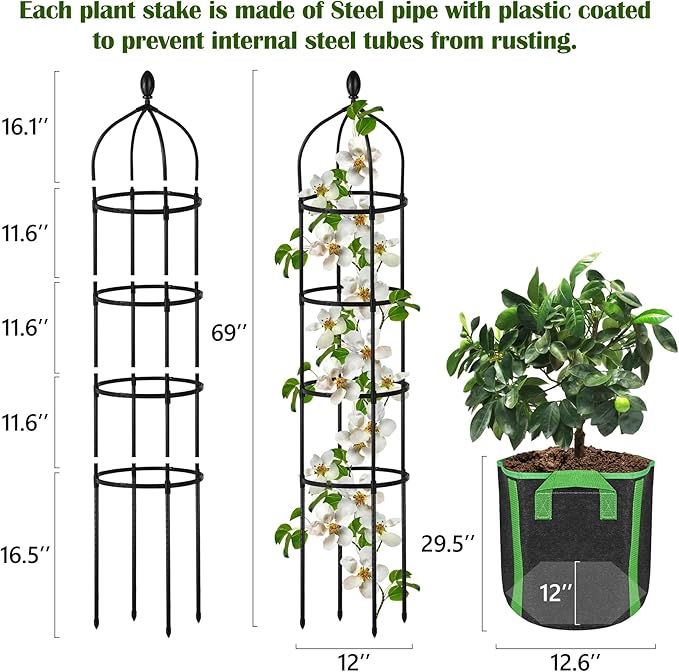 Garden Obelisk Trellis for Climbing Plants Outdoor 6 Ft Rose Bush Round Trellis with Grow Bag for Pots Rustproof Metal Plant Flower Trellises for Clematis Vine Jasmine Support Outdoor Indoor