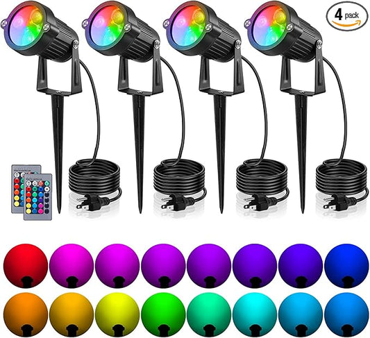 OurLeeme Lawn Flood Light Stake, 2-in-1 Waterproof Outdoor Remote controlle Landscape Lighting Spotlight Wall Light for Yard Garden Driveway Pathway Pool (4 Pack)