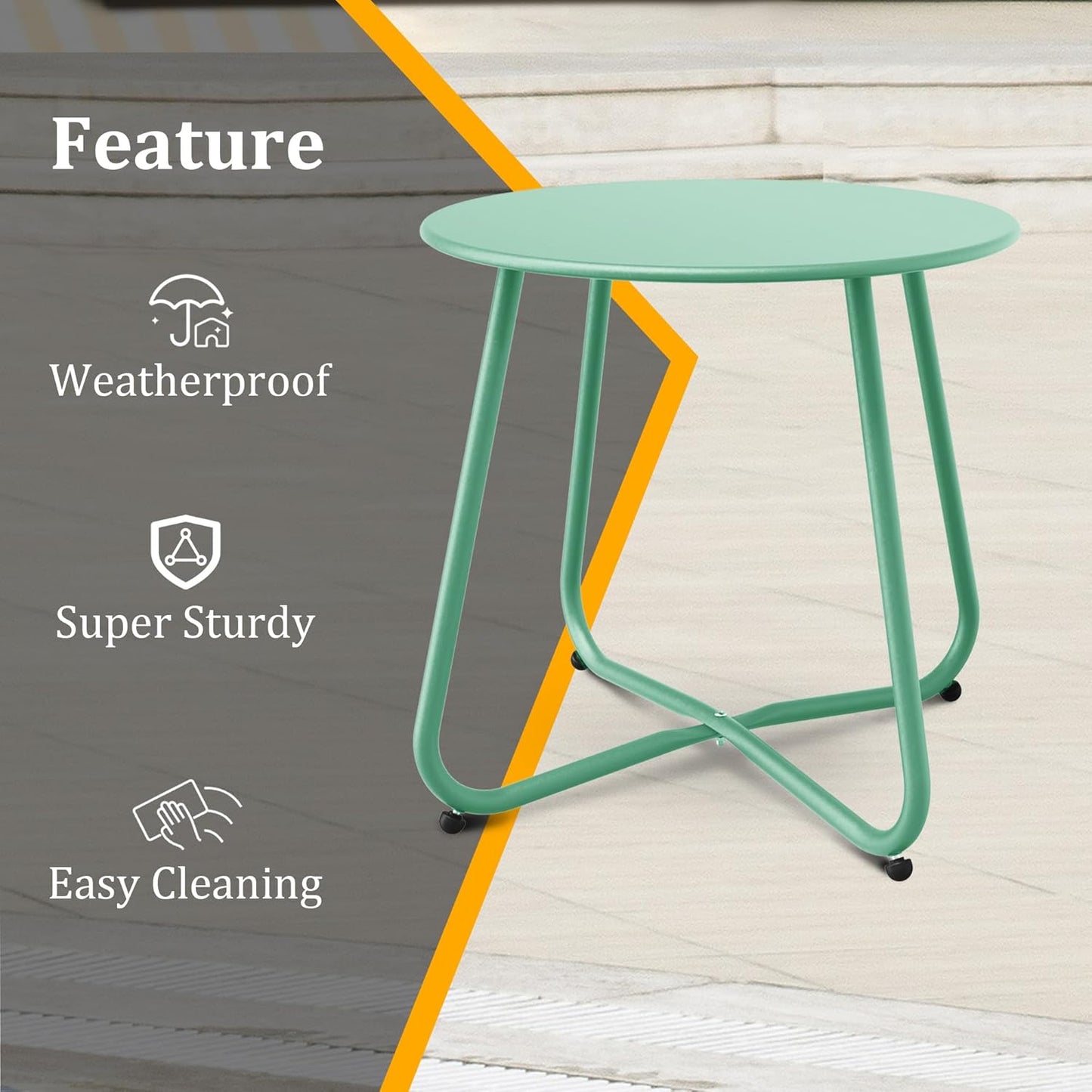 Patio Side Table Waterproof Round Metal Steel Weather Resistant Portable Outdoor and Indoor End Table for Garden Balcony Yard, Bean Green