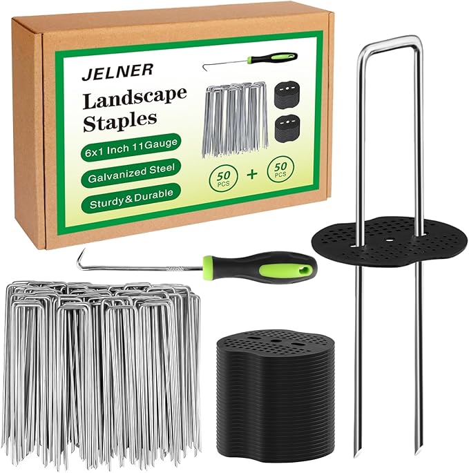 Landscape Staples Set,6 Inch 11 Gauge 50pcs Galvanized Garden Stakes + 50pcs Gaskets + 1Pick Hook,U-Shaped Tent Stakes Landscaping Fabric SOD Pins for Weed Fabric Barrier,Groud Cover,Fence