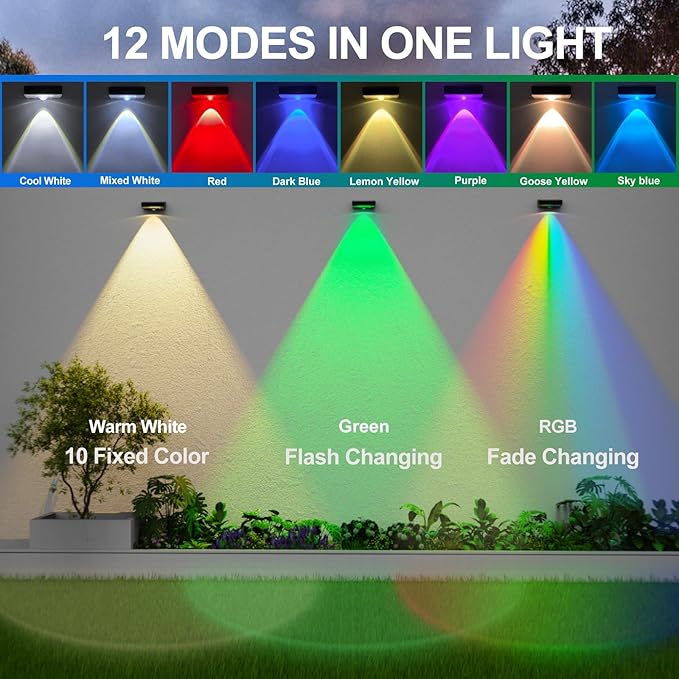 Solar Fence Lights,Fence Lights Solar Powered Waterproof IP65 Multicolor Led 12 Fixed Colors ＆RGB Color Changing for Pool, Deck, Patio, Porch, Stairs, Holiday(8)