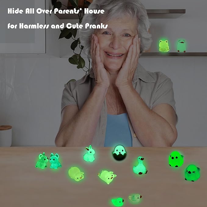 Luminous Mini Resin Animals 50 Pcs Tiny Animals to Hide Around The Office Home Mini Ducks Tiny Frogs Small Birds Little Rabbits Glow in The Dark for Crafts Fairy Garden Accessories