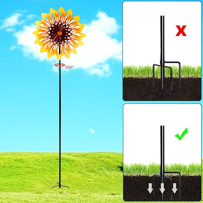 Sunflower Wind Spinners, 360 Degrees Swivel Metal Wind Sculptures, 76" Large Garden Pinwheels for Yard Lawn Patio Decor