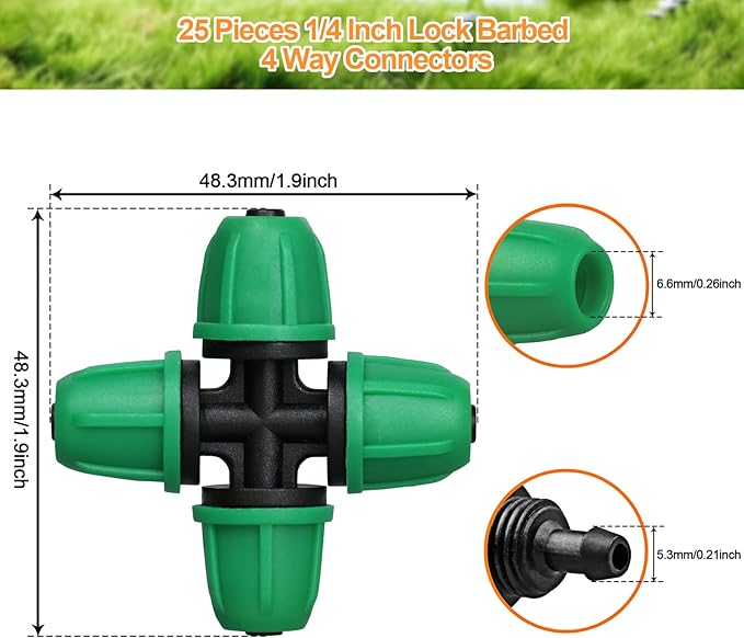 1/4 Inch Drip Irrigation Fittings, Lock Barbed 4 Way Couplings for ¼ in. Tubing, 25 Pieces Drip Irrigation Parts Locked Cross Connectors, Drip Line Nuts Connectors for 1/4" Drip Irrigation Hose