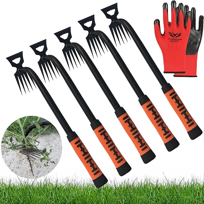 5 Pack Stainless Weeding Artifact Uprooting Weeding Tool, Stainless Steel Forged Weed Puller 5 Teeth Dual Purpose Weeder, Hand Weeder Tool for Gardening with Long Handle