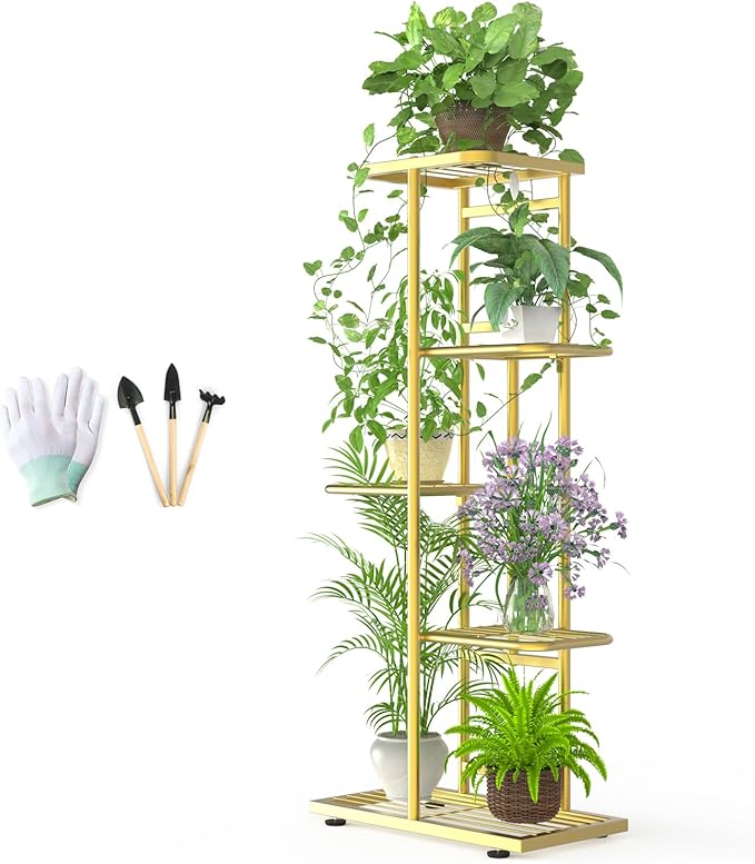 5 Tier 6 Potted Gold Plant Stand Indoor Outdoor with Gardening Tools and Gloves, Upgraded Corner Metal Plant Rack Units Shelf for Multiple Plants, Flower Pot Holder Display for Patio, Balcony, Living