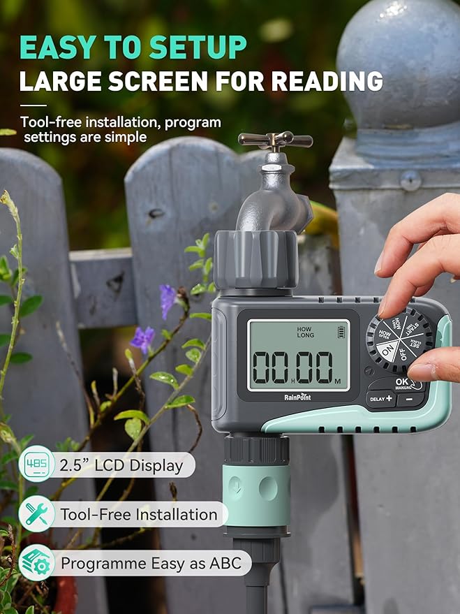 RAINPOINT Sprinkler Timer, Programmable Water Timer for Garden Hose, Outdoor Soaker Hose Timer with Rain Delay/Manual/Automatic Watering System, Digital Irrigation Timer for Yard, Lawn, 1 Outlet