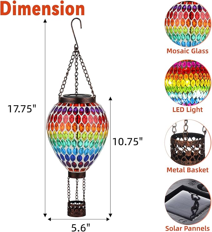 VOREEN Hot Air Balloon Solar Lantern, Mosaic Solar Outdoor Hanging Wind Light, Waterproof, Patio Festive Decor, Easter Gifts for Mom Father Grandma, Rainbow Pattern