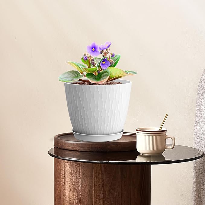 6 inch Plant pots, 12 Pack Modern Plastic Planters with Drainage Holes and Saucers for Repotting Indoor Plants and Flowers, White