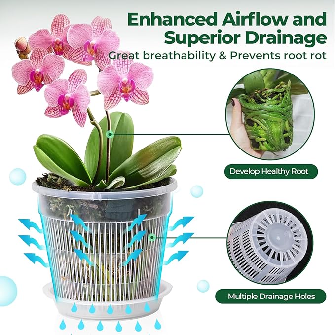 T4U Orchid Pot, 9 Pack Orchid Pots with Holes and Saucers for Repotting, 3 Each of 4.3, 5.5 and 6.3 Inch, Clear Plastic Flower Plant Pot for Indoor Outdoor Plants, Orchids Planter for Root Health