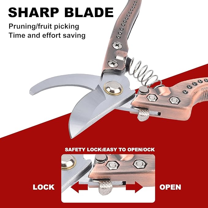 Tree Trimmers Secateurs, Hand Pruner, Garden Scissors for Plant,Pruning Shears for Gardening, Garden Hand Shears, Pruners for Gardening, Garden Clippers, Hedge Shears, Garden Tools （copper color)