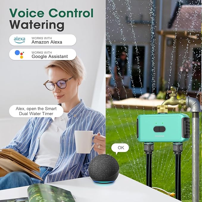 Smart Hose Watering Timer with Wi-Fi Hub, Automate Water & Sprinkler Schedules for Lawn, Garden, & Yard Care, Compatible with Alexa Green-Brass Inlet & Plastics Outlet (2-Outlet)
