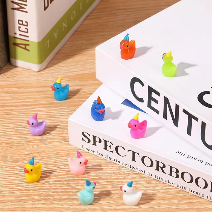 100 Pack Mini Resin Ducks, Multicolor Mini Ducks Wearing Party Hat, Tiny Duck Miniature Duck Figures Tiny Home Ornament for Micro Landscape Dollhouse Garden Aquarium Potted School Office