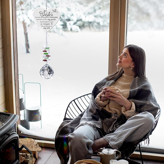 Sister in Heaven Memorial Crystal Suncatcher Gifts,Loss of Sister Sympathy Gifts,Gifts for Loss of Sister,Hanging Crystals Ornament for Window Rainbow Maker Prisms Home Decor Gift