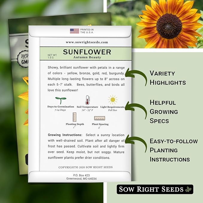 Sow Right Seeds - Autumn Beauty Sunflower Seeds for Planting - Beautiful Giant Flower to Plant - Non-GMO Heirloom Packet with Instructions - Maroon and Yellow Petals - Unique Summer Blooms (1)