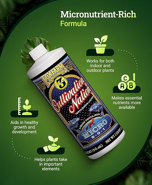 FoxFarm Cultivation Nation Micro Liquid Fertilizer - Micronutrients for Strong Plant Development, Ideal for Soil, Hydroponics & Aeroponics - Part 2 of 3-Part Feeding Program- NPK 5-0-1 (Quart)