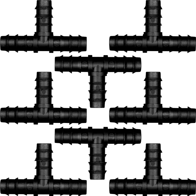 Maitys 8 Pieces Drip Irrigation Barbed Tee Fittings 1/2 Inch Universal Barbed Tee Fittings Connectors Drip Plastic Soaker Hose Connectors Hose End Stop, Black(Tee)