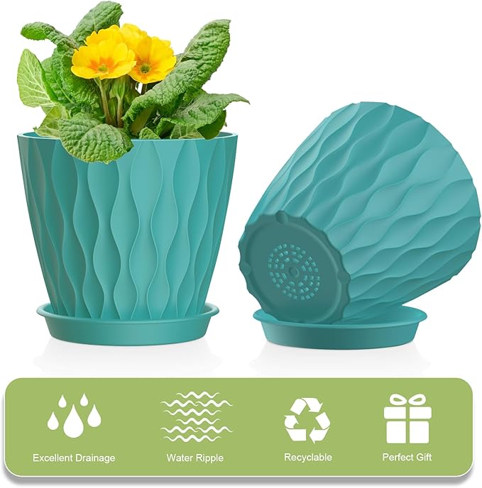 12 Pack 4 Inch Small Plant Pots with Saucers, 3D Textured Plastic Planters with Drainage Holes for Indoor and Outdoor Plants, Flowers, Herbs, Succulents, and Seedlings, Blue