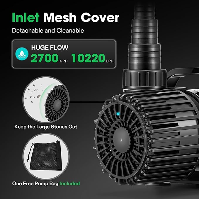 VIVOSUN 2700 GPH Submersible Water Pump with Barrier Bag, 120W Pond Pump, Ultra Quiet Aquarium Pump with 15FT. Lift Height for Pond, Waterfall, Fish Tank, Statuary, Hydroponic
