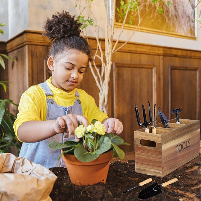 Garden Tool Basket Wood Utensil Holder for Gardening Kit Organizer Garden Hand Tools Arrange and Display Storage - Gardening Gifts for Women Men 11.8" L x 4.6" W x 6" H for Pruning Shears, Cultivator