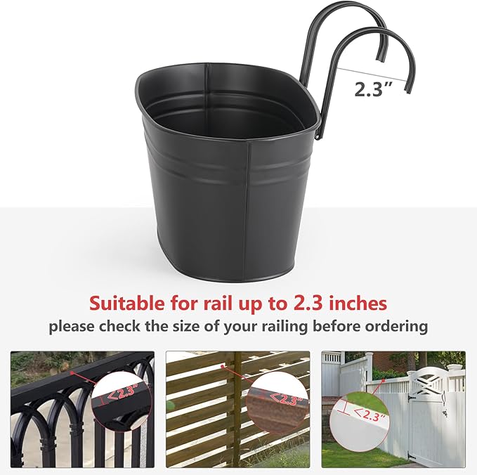 Dahey Metal Iron Hanging Flower Pots for Railing Fence Outdoor Planter Hanging Bucket Pots Countryside Style Window Flower Plant Holder with Detachable Hooks Home Decor,Black,5 Pcs