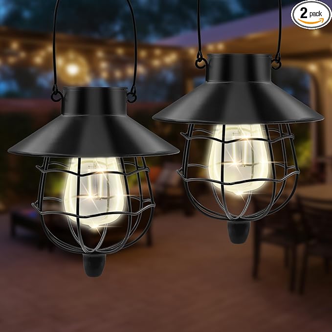 Solar Hanging Lantern Outdoor Waterproof Solar Lanterns Hanging Lights for Outside with Bright Warm White Light for Garden Patio Yard Pathway 2 Pack(Black)