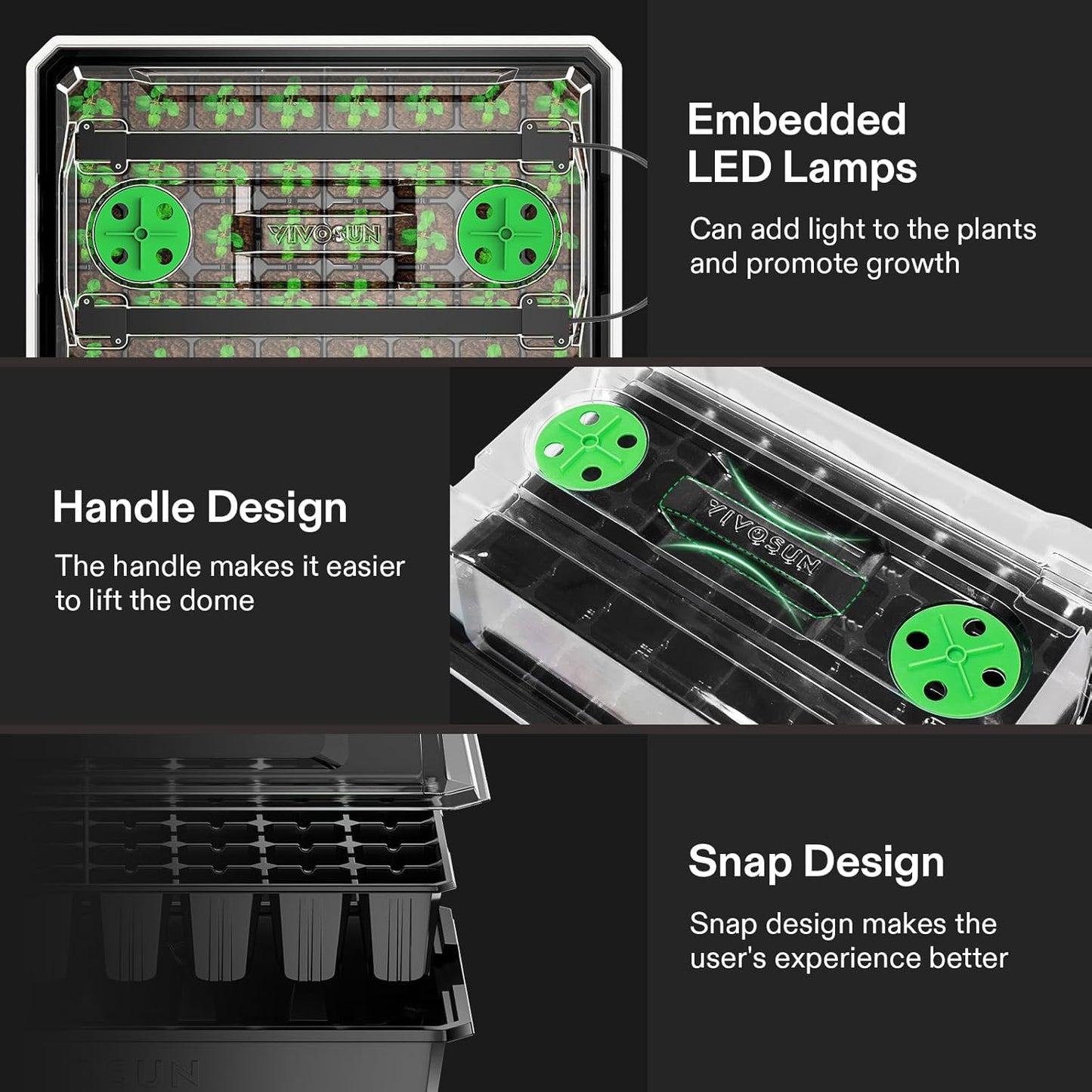 VIVOSUN 6-Pack Seed Starter Trays, 240-Cell Seed Starter Kit with 2 Set of LED Lights, 3.6" Higher Cover, Adjustable Vents, Drainage Holes, Green Propagation Tray for Planting Seed, 40 Cells x 6 Packs