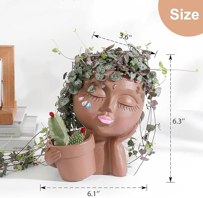 Face Planter Pots Head Planters for Indoor Outdoor Plants - Double Plant Pots for Flower Succulent with Drainage Holes - Ideal Present Ideas(Black Lady)