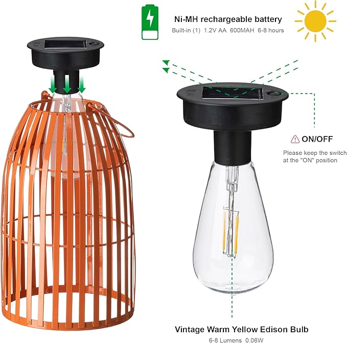 Set of 2 Solar Lantern Outdoor Waterproof Hanging Metal Birdcage Shaped Lantern Decorative Solar Light for Garden Yard Patio Porch, Orange