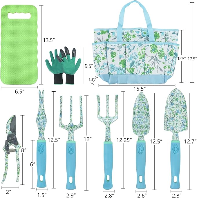 Garden Tool Set 9 Piece Aluminum Alloy Gardening Hand Tools Kit Gift for Women & Parent Gardening Supplies with Gloves,Tote,Kneeling Pad,Hand Pruner,Trowel,Hand Rake,Weeder,Fork,Transplanter