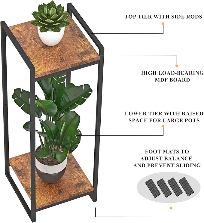 34" Tall Plant Stand Indoor, 2-Tier Modern Plant Shelf Corner Flower Pot Holder Organizer for Living Room Balcony Garden, Rustic Brown