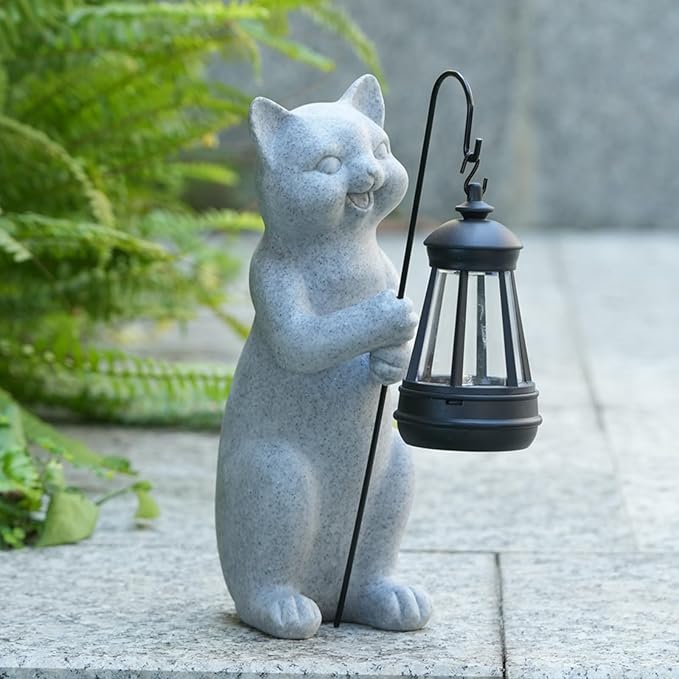 Solar Cat Garden Statue 10 Inch Porch Patio Decor for Outside Yard Decoration Outdoor Unique Housewarming Gardening Birthday Gifts for Cat Lovers Women Grandma