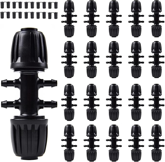 Kalolary 20PCS Barbed Tee 1/2" to 1/4" Drip Irrigation Fittings, Anti-Drop Barbed Hose Parts Connectors for 12mm/16mm to 4mm/7mm Drip Systems 6 Way Adapter（Black）