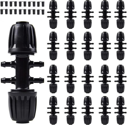Kalolary 20PCS Barbed Tee 1/2" to 1/4" Drip Irrigation Fittings, Anti-Drop Barbed Hose Parts Connectors for 12mm/16mm to 4mm/7mm Drip Systems 6 Way Adapter（Black）